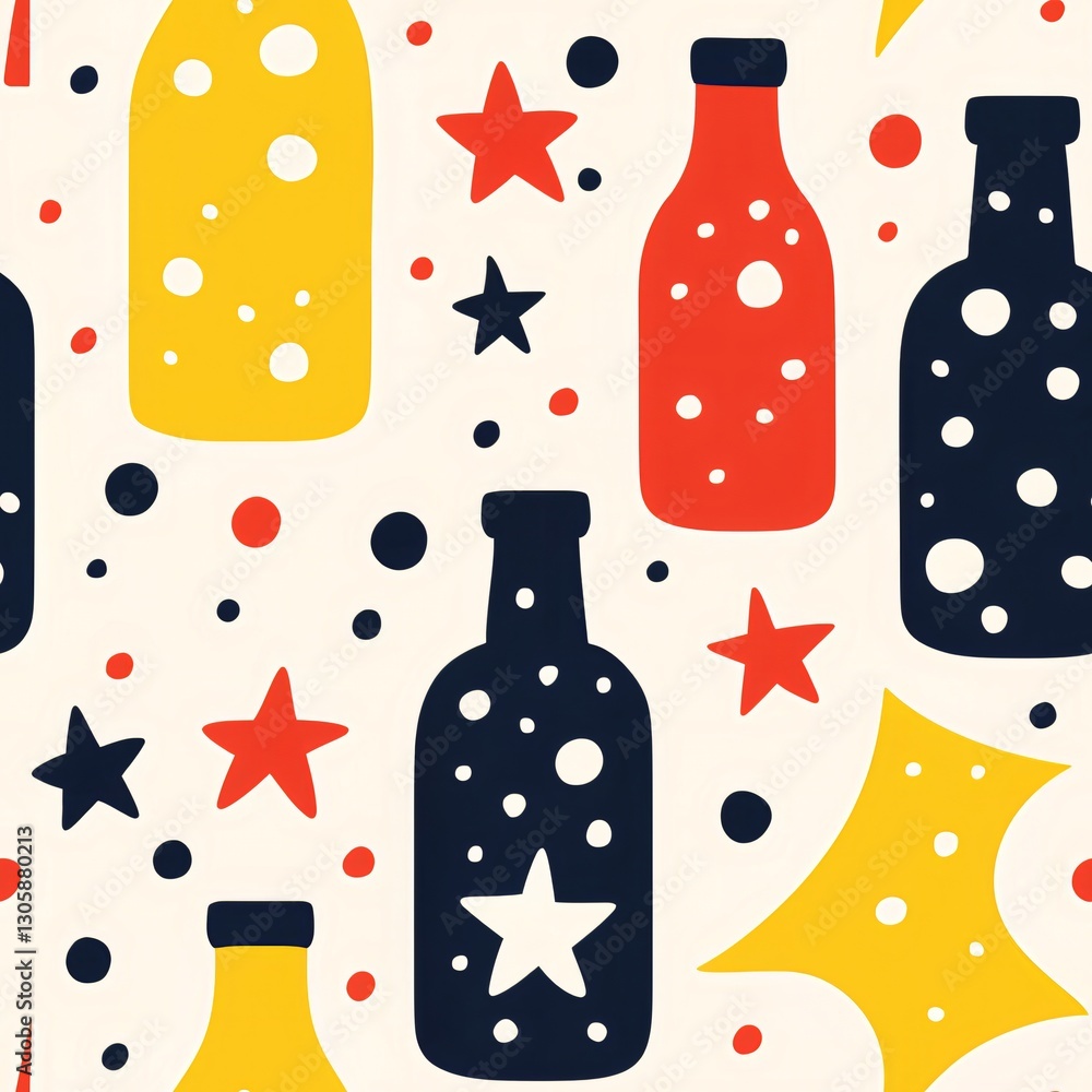 Poster colorful beverage bottles pattern with stars and dots. festive drink background design for party inv