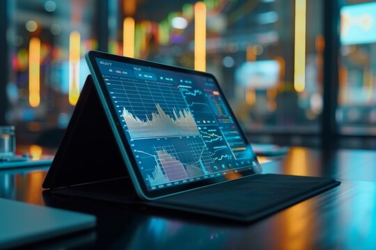 Analyzing data on tablet in modern office