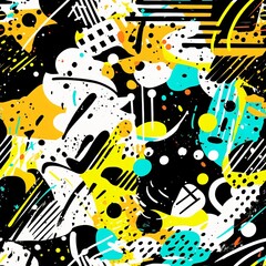 Obraz premium Abstract graffiti pattern with yellow, blue, and white splashes on black background. Urban street art style. Chaotic geometric shapes and paint splatters. Modern graphic design concept.