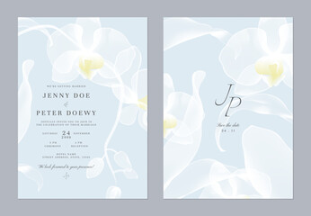 Wedding invitation and save the date template set of delicate, translucent Phalaenopsis orchid on a soft blue background. The style is modern, romantic, and understated