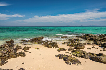 Tropical islands view with ocean blue sea water and white sand beach at Bamboo Island, Krabi Thailand nature landscape