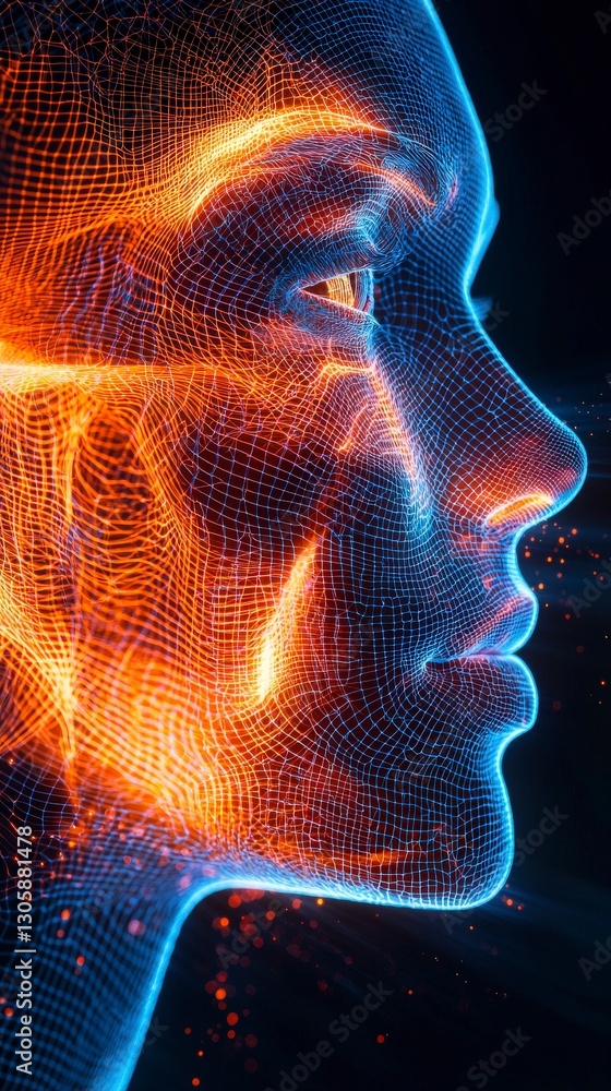 Poster profile view of a digital face with luminous lines
