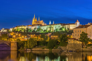 Prague Czech Republic, night city skyline at Charles Bridge Vltava River and Prague Castle, Czechia