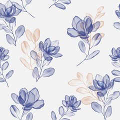 Floral seamless pattern features magnolia flowers and leaves in shades of blue and beige on a light gray background, creating a light and airy design
