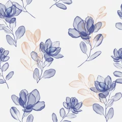 Fototapeten Floral seamless pattern features magnolia flowers and leaves in shades of blue and beige on a light gray background, creating a light and airy design © momosama