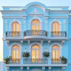 Obraz premium Charming blue vintage building with elegant balconies and warm glowing windows, perfect for real estate, travel, or architectural design themes.