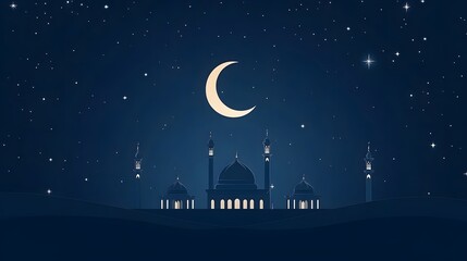 Serene Night Scene Mosque Crescent Moon Starry Sky Islamic Background