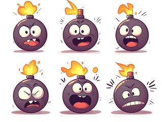 Cartoon bomb expressions set on white background