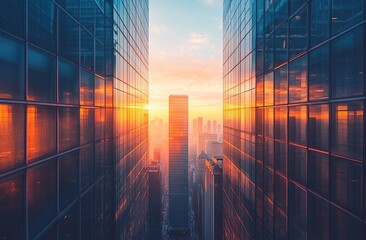 Orange And Red Sunrise Over Cityscape Reflected In Glass Skyscrapers