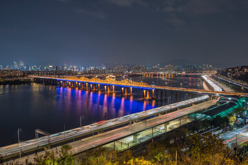 Seoul South Korea night city skyline at Han River view from Eungbongsan Park in autumn