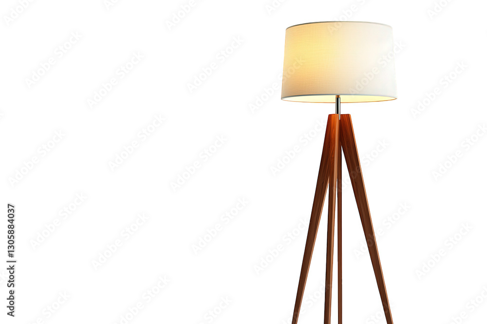 Poster a modern floor lamp featuring a wooden tripod base and a white fabric shade. designed to provide amb