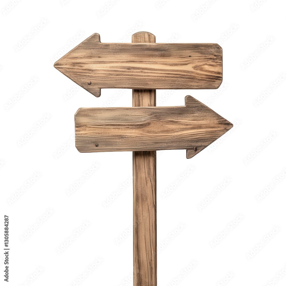 Poster wooden signpost with two arrows pointing in opposite directions. symbolizing choices or directions o