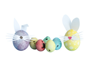 PNG, Easter, set of painted Easter eggs with rabbit ears, isolated on white background