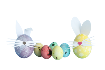 PNG, Easter, set of painted Easter eggs with rabbit ears, isolated on white background