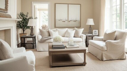 Fototapeta premium Calm and collected living room with beige walls, light furniture, and small decorative touches in neutral colors like white and taupe