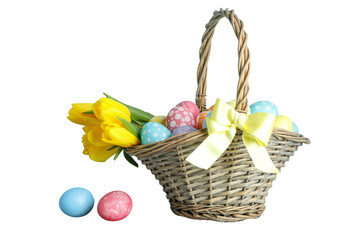 PNG, Easter, set of Easter eggs with a bouquet in a basket, isolated on a white background