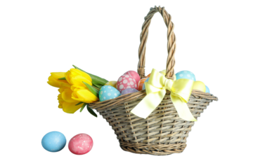 PNG, Easter, set of Easter eggs with a bouquet in a basket, isolated on a white background