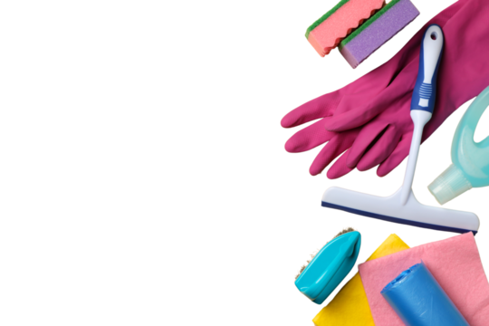 Spring cleaning, cleaning tools isolated on white background, space for text, top view, PNG