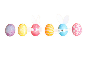 PNG, Easter, set of painted Easter eggs with rabbit ears, isolated on white background