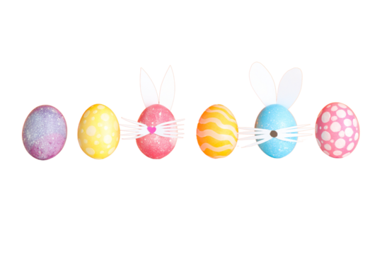PNG, Easter, set of painted Easter eggs with rabbit ears, isolated on white background