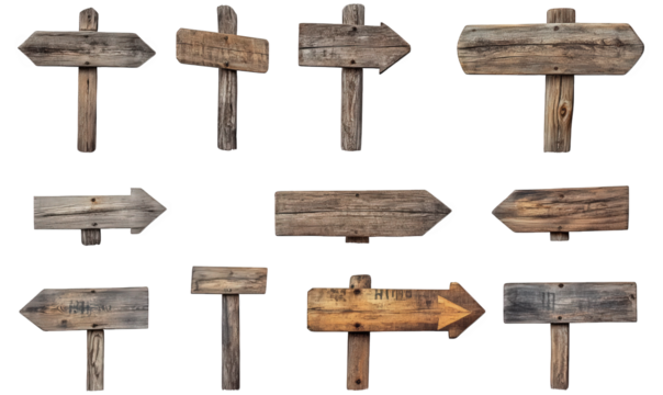 collection of wooden directional signs in various shapes and orientations. each with a rustic appearance these signs are designed to guide or indicate directions. often used in outdoor settings like p