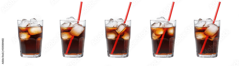Poster five glasses filled with dark soda. each containing ice cubes and a red straw. arranged in a neat li