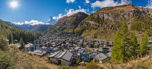 Zermatt Switzerland panorama city skyline at valley and Matterhorn mountain peak in autumn season