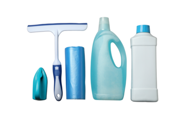 Spring cleaning, detergent bottles, garbage bags, brush and glass cleaner isolated on a white background, top view, PNG