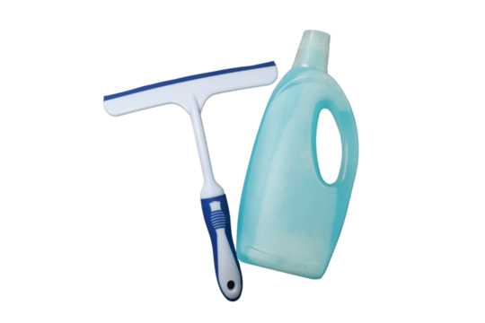 Spring cleaning, detergent bottle and squeegee isolated on white background, top view, PNG