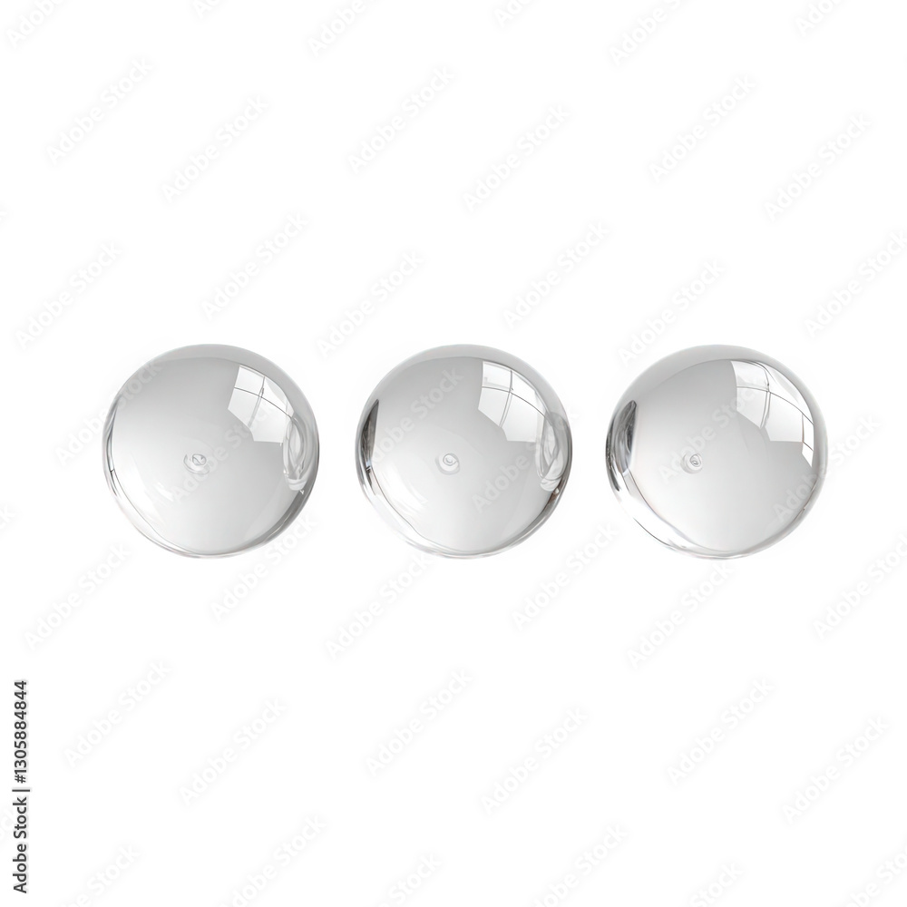 Poster three clear glass spheres arranged in a row on a white surface. reflecting light and casting subtle 