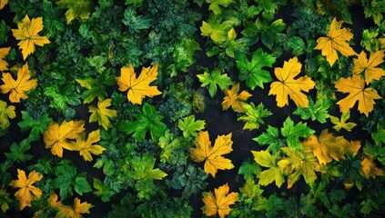 Autumn leaves, top view, vibrant colors, nature, foliage, garden, plants, textures, pattern, background, overhead,  dense, vibrant,  close-up,  fall,  maple,  yellow,  green,  dark,  organic.