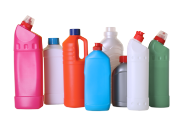 Spring cleaning, cleaning supplies and a bouquet of tulips in a plastic basket in hands isolated on a white background, with space for text, PNG