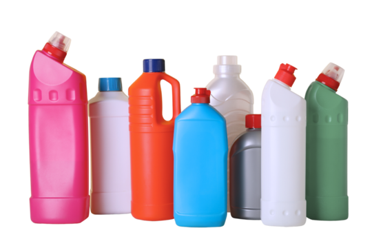 Spring cleaning, cleaning supplies and a bouquet of tulips in a plastic basket in hands isolated on a white background, with space for text, PNG - Powered by Adobe