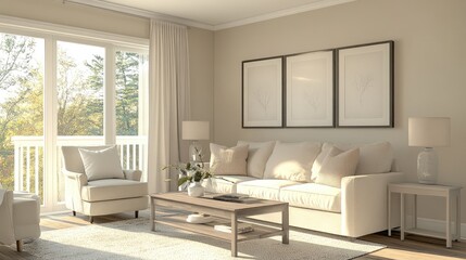 Fototapeta premium Calm and collected living room with beige walls, light furniture, and small decorative touches in neutral colors like white and taupe