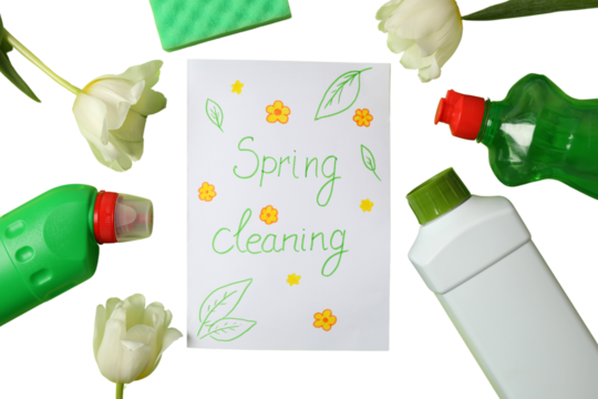 Spring cleaning, bottles with detergents, sponges, tulips and a sheet of paper with text isolated on a white background, top view, PNG