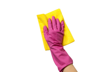 Spring cleaning, hand in pink rubber glove with rag isolated on white background, top view, PNG