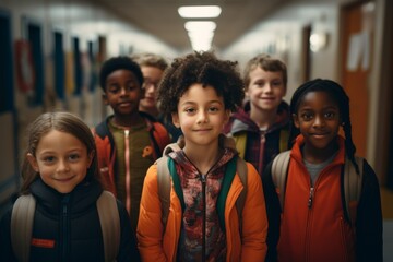 Obraz premium Portrait of a group of diverse kids in elementary school hallway