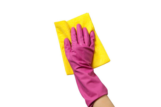 Spring cleaning, hand in pink rubber glove with rag isolated on white background, top view, PNG