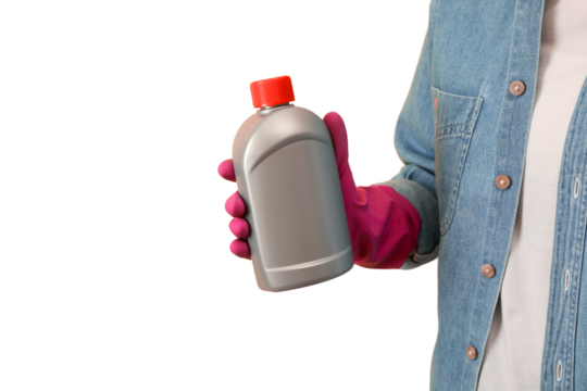 Spring cleaning, bottle of detergent in hand wearing rubber glove isolated on white background, space for text, PNG - Powered by Adobe