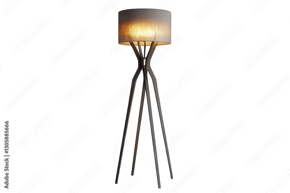 Poster a modern floor lamp featuring a minimalist design with a textured lampshade and three slender legs. 