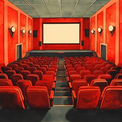 Obraz premium Empty Cinema Auditorium Red Seats and Blank Screen.