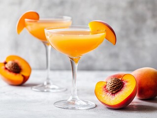 A refreshing and elegant summer cocktail featuring two peach bellini drinks in classic coupe glasses, garnished with fresh peach slices