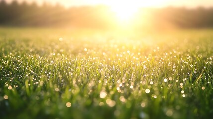 Naklejka premium Dew-covered meadow glowing under a golden sun, capturing serene nature beauty in a stunning image.