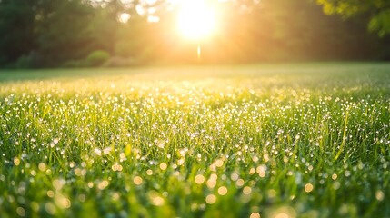 Fototapeta premium Dew-covered meadow glowing under golden sunlight, showcasing nature's beauty and tranquility.
