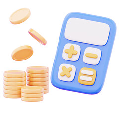 Modern calculator for mathematical science and business with coin stack icon illustration. Concept of calculator report business investment and banking with currency coins 3d render illustration image