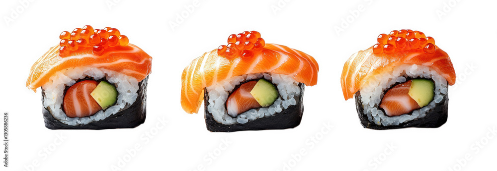 Poster three pieces of sushi. specifically nigiri. featuring a layer of salmon on top. garnished with salmo