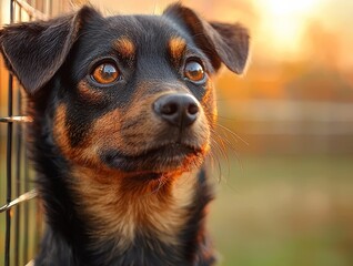 Close-up of a curious dog gazing thoughtfully, framed by a warm sunset, perfect for pet care, adoption campaigns, or animal photography.
