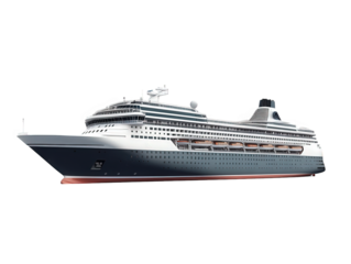 a large cruise ship is depicted in a sleek and modern design. showcasing multiple decks and amenities. emphasizing leisure travel on the open sea the ship's hull is primarily dark with lighter accents