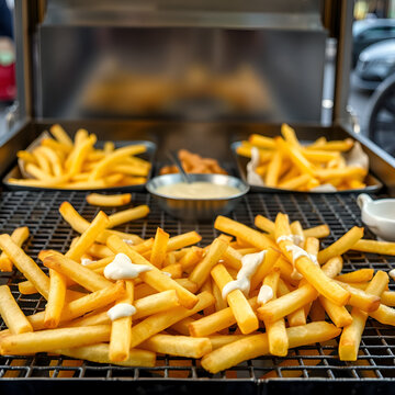Selective focus of french fries in steel grating or iron grid in the cart, Friet or Patat with mayonnaise, Fritessaus or frietsaus is a Dutch accompaniment to French fries, Served popularly nationwide