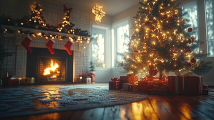 Festive Christmas Living Room Decorated With Tree And Presents